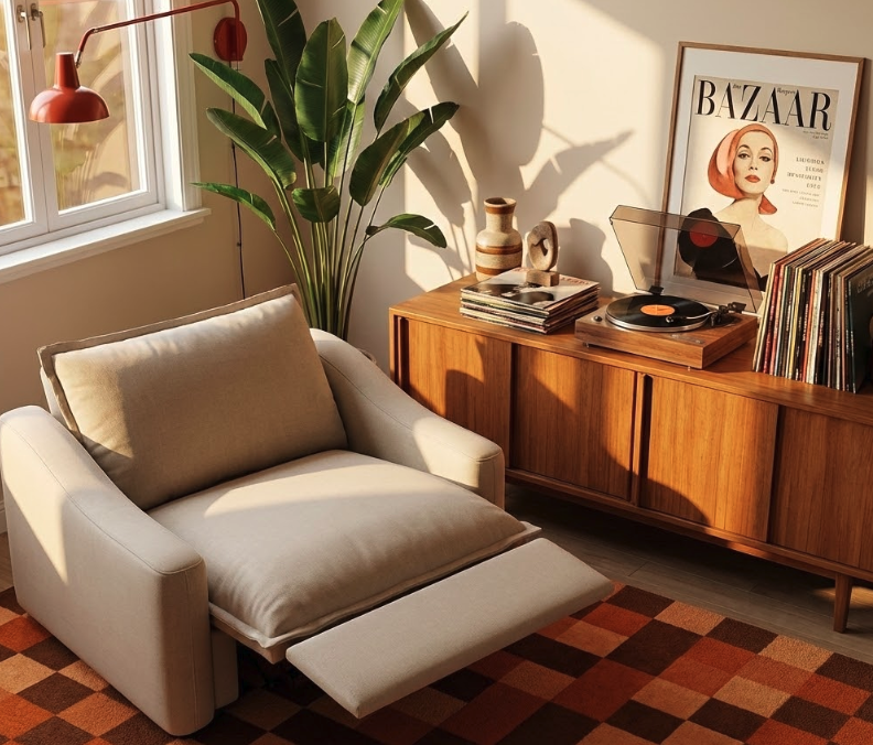 Plush beige reclining armchair with extended footrest in a cozy retro setup with plants and vinyl records, perfect for evaluating power reclining sofa vs manual comfort and style.