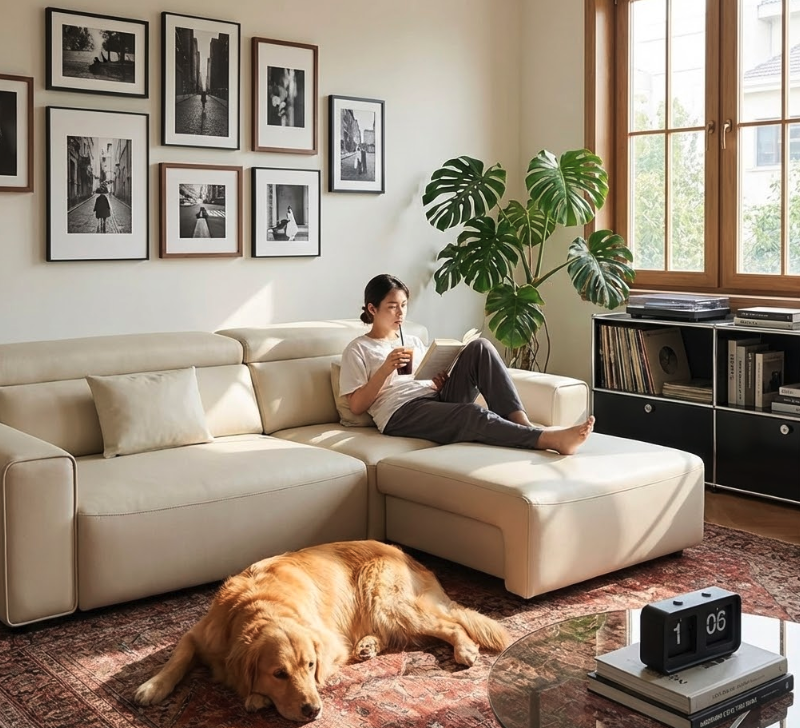 Person reading on a comfortable beige reclining sectional sofa with chaise and golden retriever nearby in a sunny room, illustrating everyday use in power reclining sofa vs manual choices.