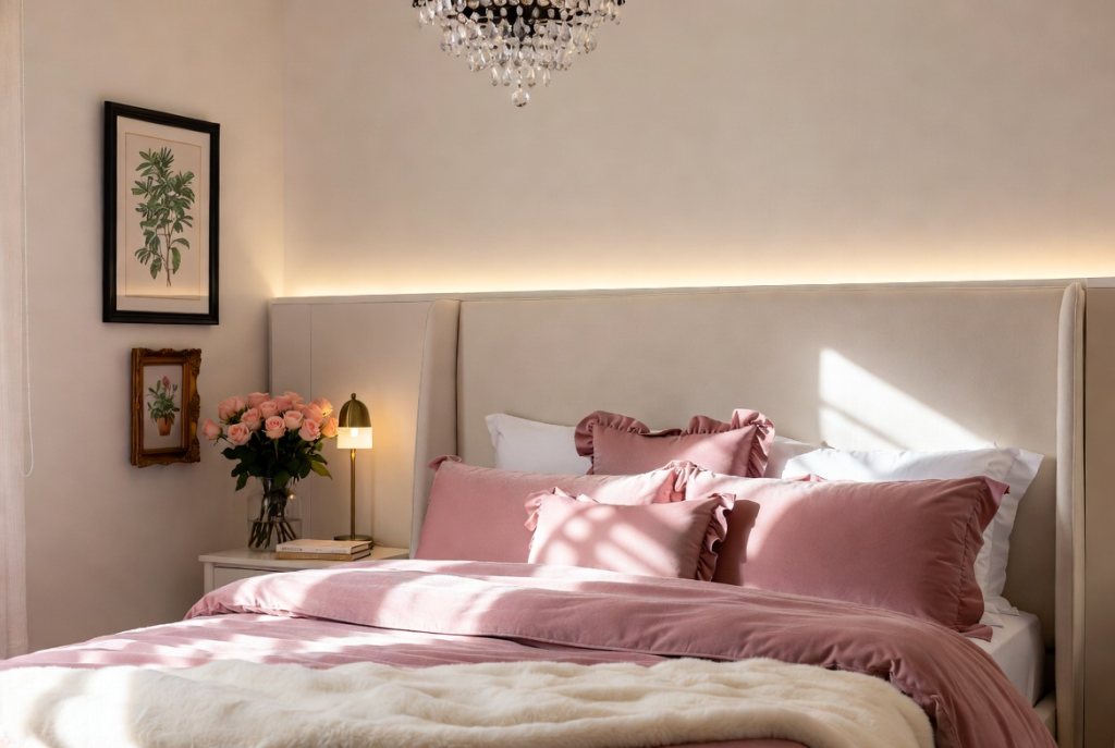 Sunlit queen-size bedroom with beige upholstered wingback bed frame, silky pink duvet, white faux fur throw, ruffled pillows, roses, and botanical prints; ideal example in bed frame size guide.