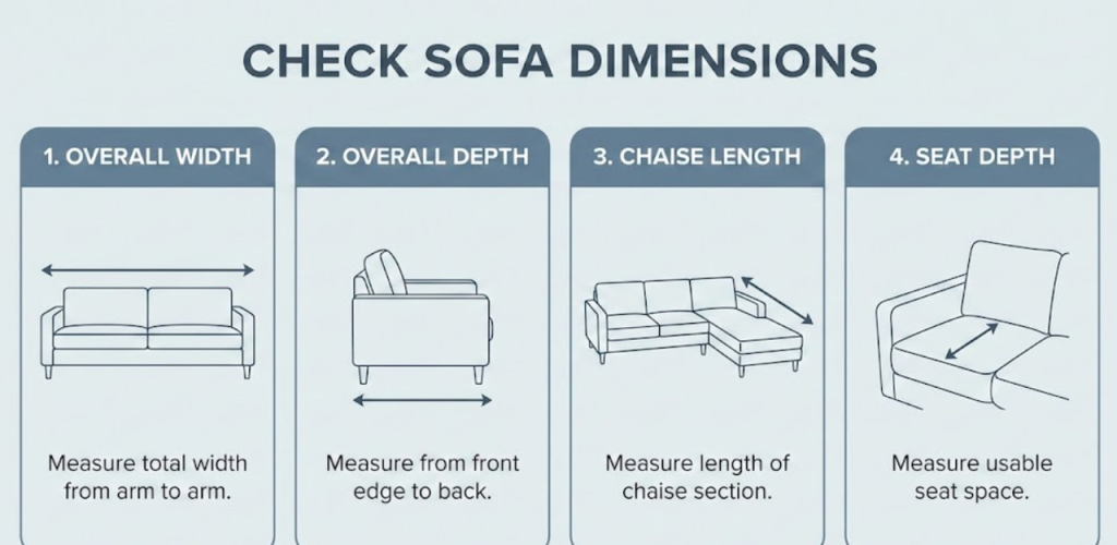 Infographic showing how to measure the best sectional sofa: overall width arm to arm, depth front to back, chaise length, and seat depth for perfect fit