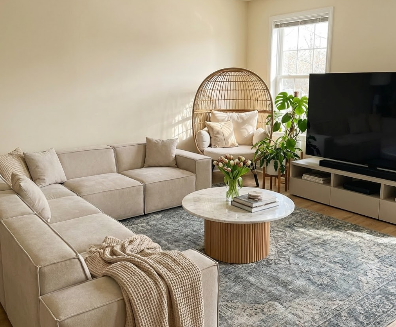 Beautiful beige best sectional sofa arranged in bright corner living room with hanging rattan chair, large TV, marble coffee table, plants, and cozy blankets for family relaxation
