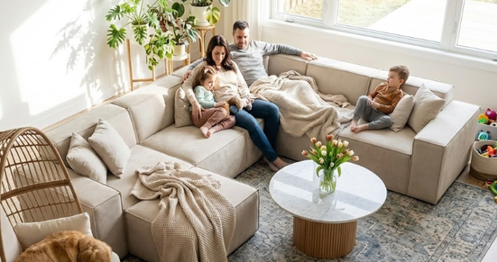 Happy family with young children and golden retriever relaxing on the best sectional sofa in a spacious, plant-filled modern living room with neutral beige upholstery and marble coffee table
