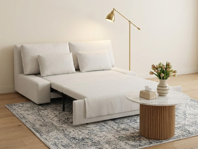 Elegant white best sleeper sofa in cozy apartment with pop art wall featuring Marilyn Monroe prints, large monstera plants, and marble coffee table