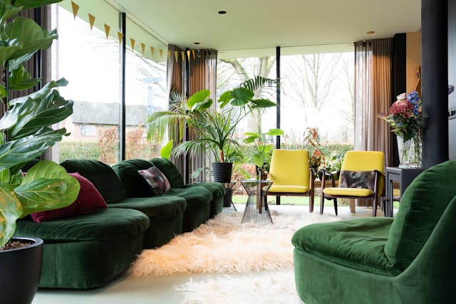 Bright living room with a green sofa, yellow chairs and lush indoor plants, creating a fresh eco-friendly space