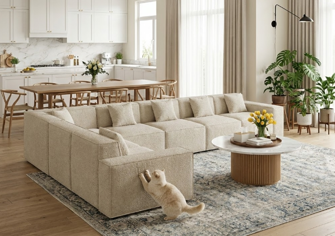 Cat scratching a textured cream sofa, highlighted as the best modular sectional for modern open living rooms