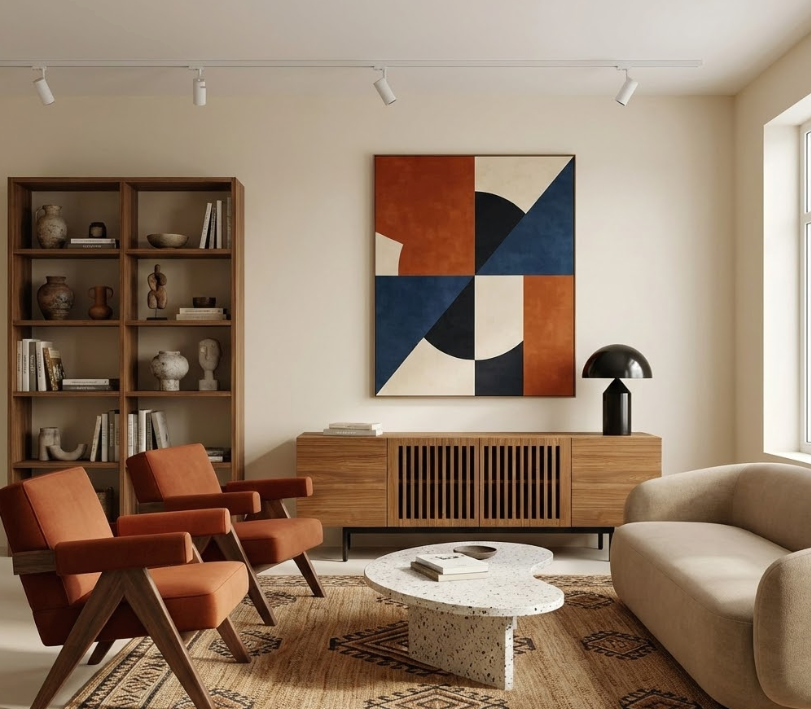 Clean-line mid century modern TV stand with flat doors and minimal hardware