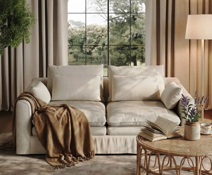 Plush beige sofa with deep cushions and throw blanket in a bright window-lit living room, demonstrating optimal sofa seat depth for cozy relaxation and upright sitting in the sofa seat depth guide. 