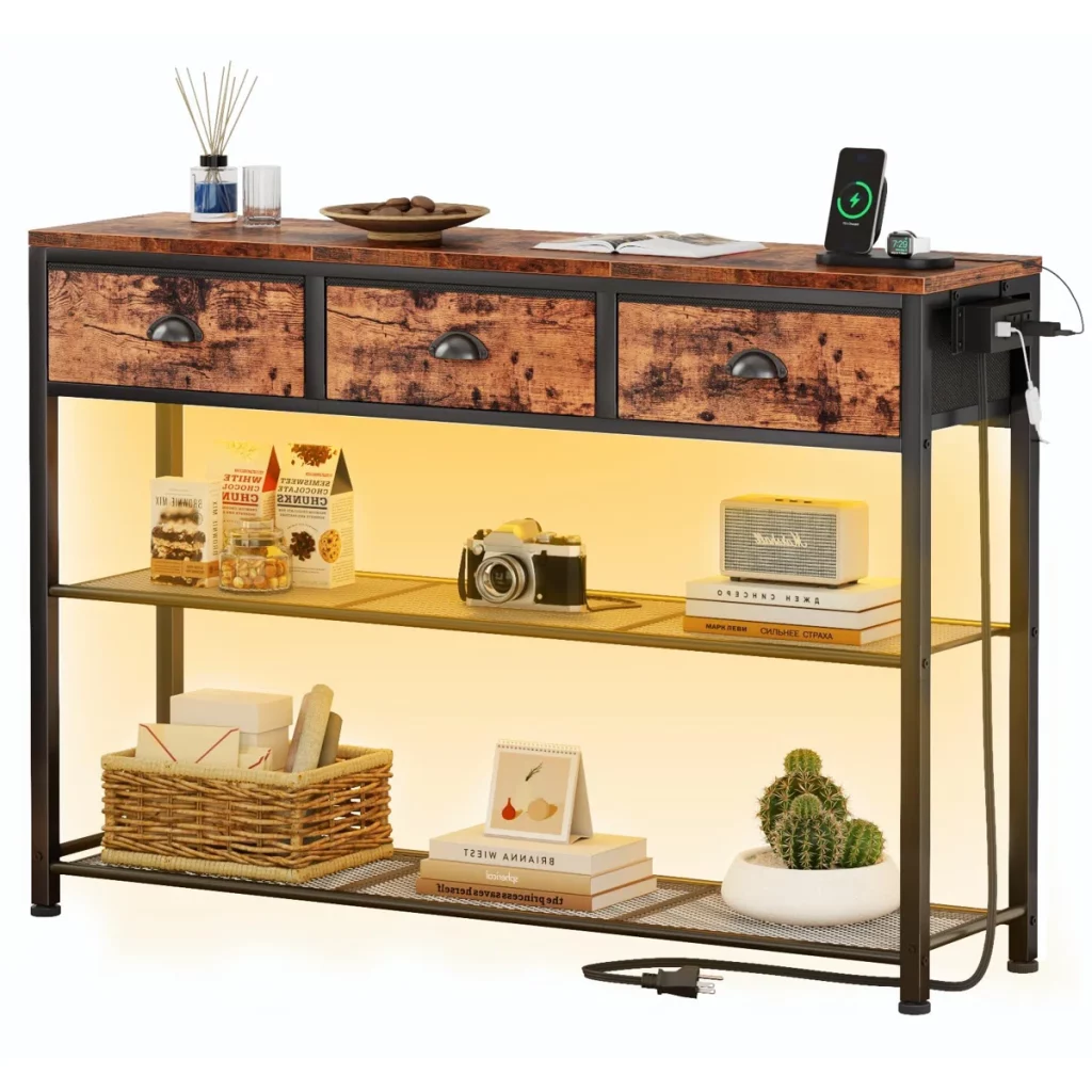 Console Table With 3 Drawers, Small Sofa Table With Lights And Power Outlets,3-Tier (Brown)