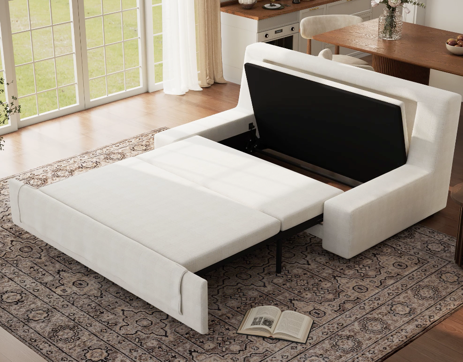 The best sleeper sofa in the process of unfolding, showing the smooth pull-out mattress section extending from the base.