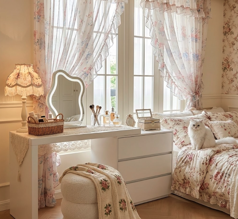 Charming floral-themed makeup vanity with LED mirror, wicker basket storage, perfumes, brushes, cozy stool, and white cat on matching bed – ideal cozy style in makeup vanity buying guide for romantic bedroom setups.
