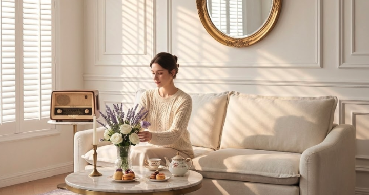 Relaxed woman enjoying a plush beige manual reclining sofa in a bright, elegant living room with tea and flowers, highlighting comfort in power reclining sofa vs manual debate.