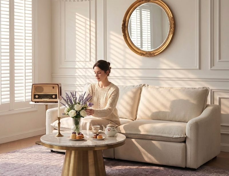 Relaxed woman enjoying a plush beige manual reclining sofa in a bright, elegant living room with tea and flowers, highlighting comfort in power reclining sofa vs manual debate.