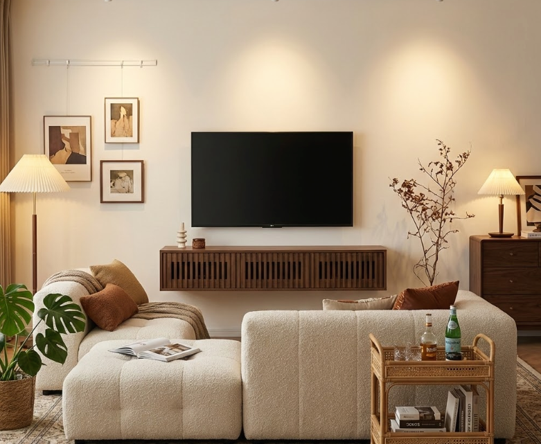 Contemporary beige floating tv stand with wooden slat design in stylish living room, paired with plush bouclé sectional sofa