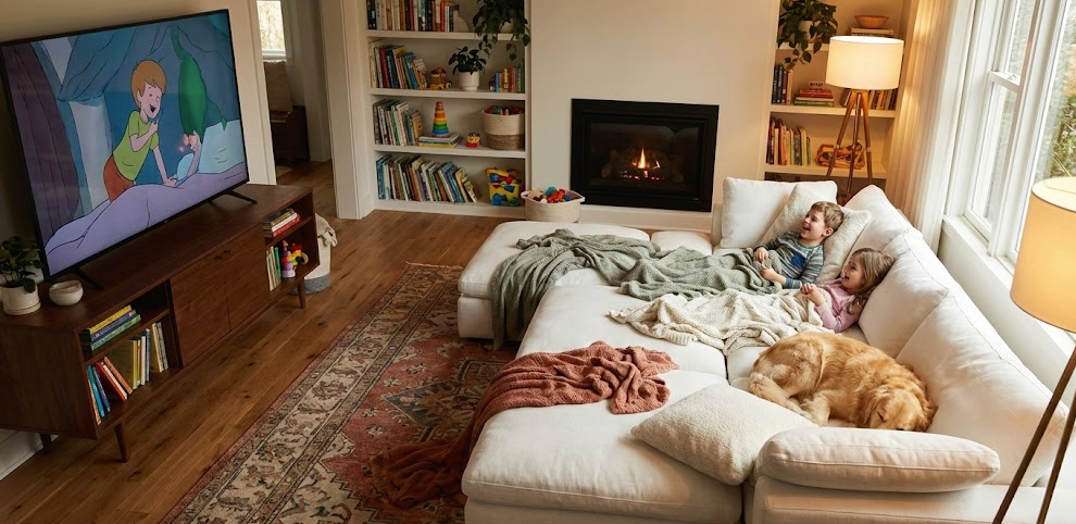 Children relaxing on a spacious deep sofa in a light neutral living room, cozy beige sectional with throw blankets and sleeping golden retriever for ultimate family comfort.