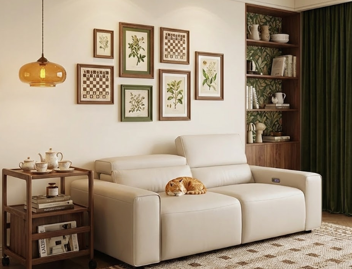 Comfortable beige reclining sofa with a sleeping cat in a stylish living room featuring botanical prints, chessboard art gallery wall, green curtains, and warm amber lighting.