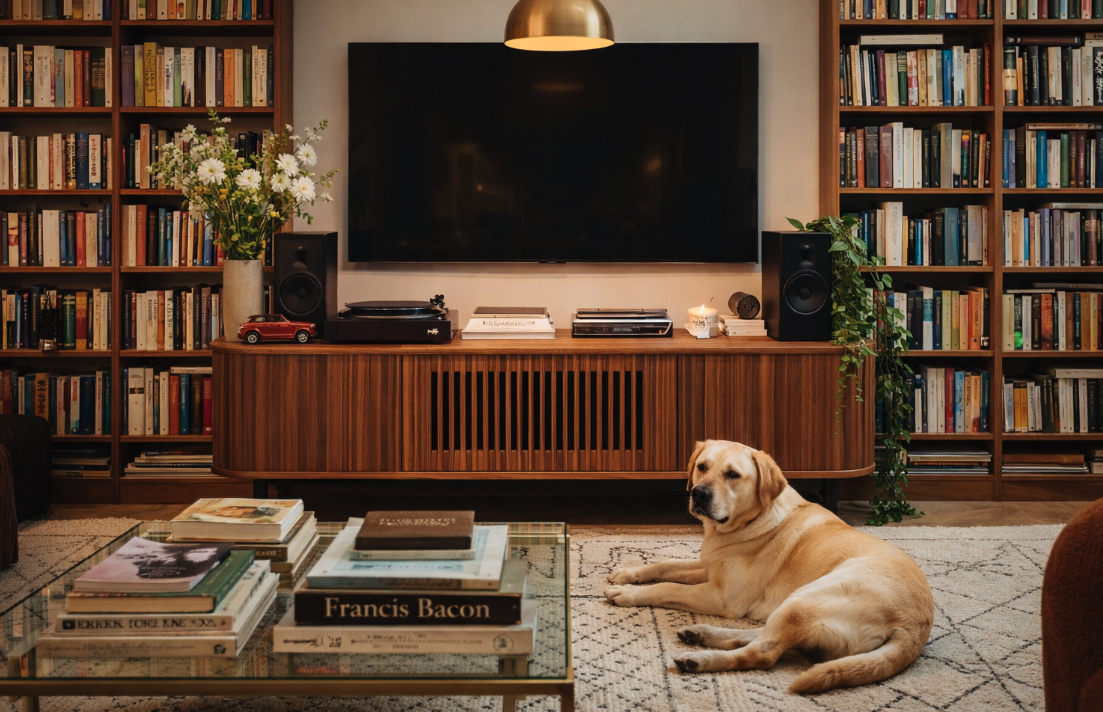A cozy living room featuring a mid-century modern wooden TV stand with slatted doors, flanked by bookshelves filled with books, a turntable, and a relaxed Labrador dog lying nearby – illustrating durable wood options in the TV stand materials guide.