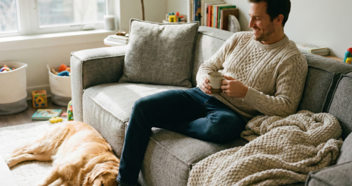 Cozy real-life living room with a modular sofa, a man relaxing with a coffee, warm sunlight, and a dog nearby, showing an everyday family home atmosphere