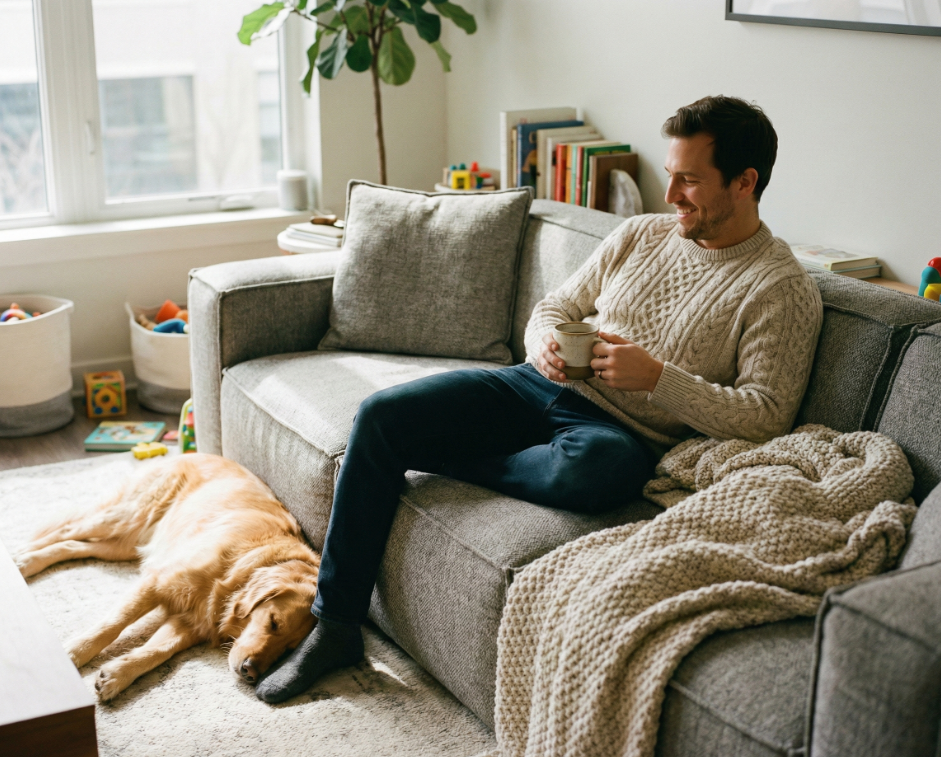 Cozy real-life living room with a modular sofa, a man relaxing with a coffee, warm sunlight, and a dog nearby, showing an everyday family home atmosphere