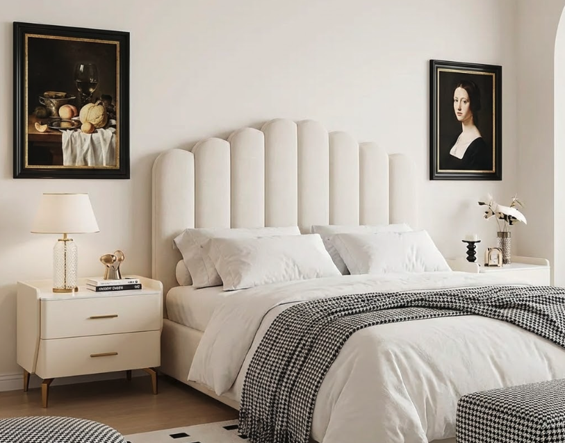 Pair of elegant cream nightstands with gold accents flanking a channeled upholstered bed, demonstrating balanced bedroom styling and correct height proportions essential to a nightstand buying guide.