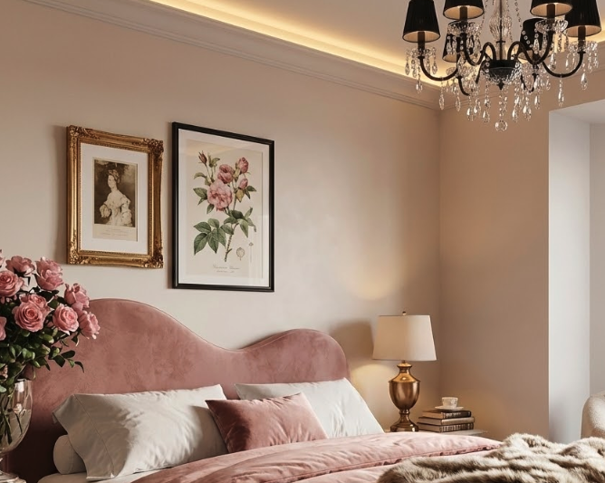 Cozy queen-size bedroom showcasing a curved pink upholstered bed frame with soft pink duvet, fresh roses on nightstand, vintage portrait art, and sparkling chandelier; example for bed frame size guide.