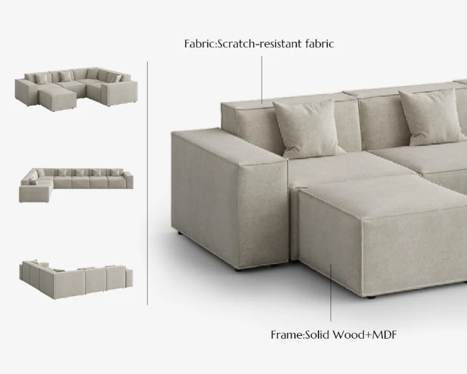 Details of durable modular sectional showing stain-resistant fabric