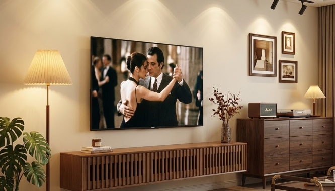 Modern living room with luxurious floating tv stand under large TV showing romantic dance scene, warm lighting