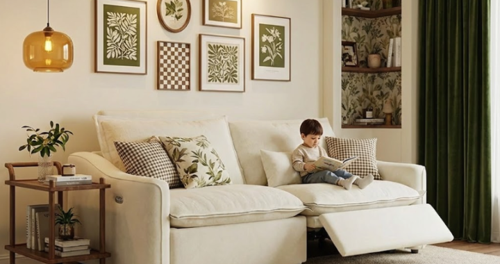 Happy child reading book on extended footrest of plush beige reclining sofa while golden retriever dog rests nearby in cozy family living room with botanical gallery wall and green curtains.