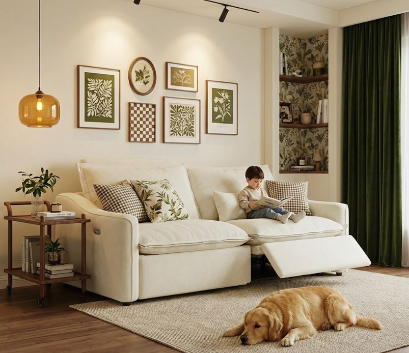 Happy child reading book on extended footrest of plush beige reclining sofa while golden retriever dog rests nearby in cozy family living room with botanical gallery wall and green curtains.