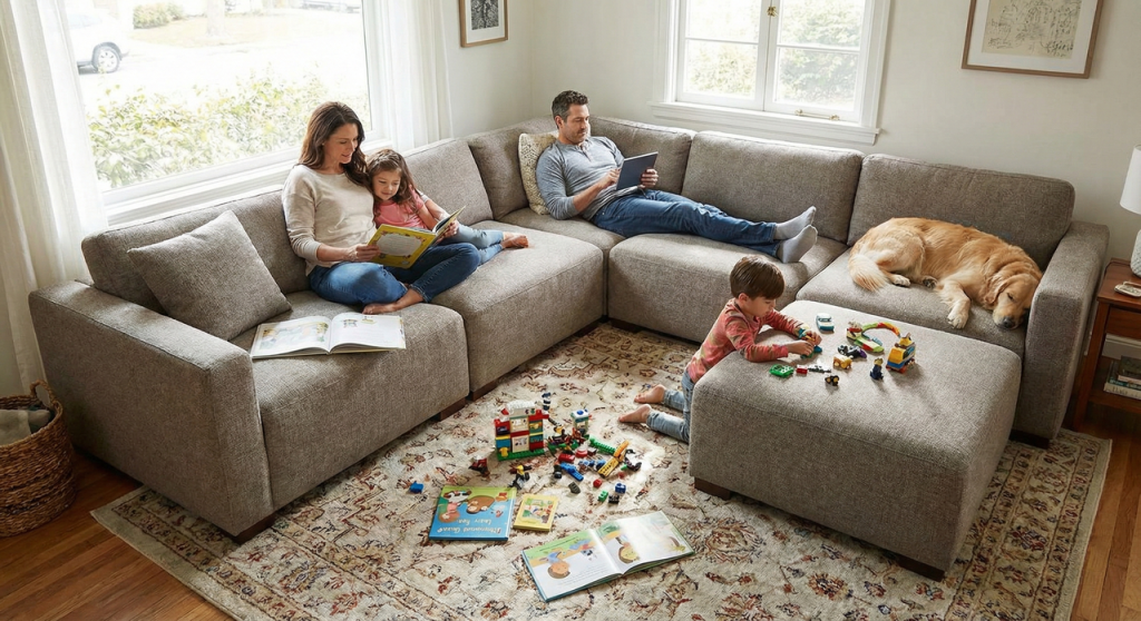 Family using a modular sofa in a kid- and pet-friendly living room