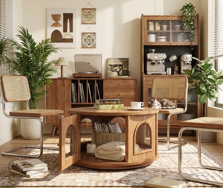 Elegant round coffee table with storage and arched cabinet doors in oak, fluted detailing, cat resting, Von Gogh book, plants and cozy textiles