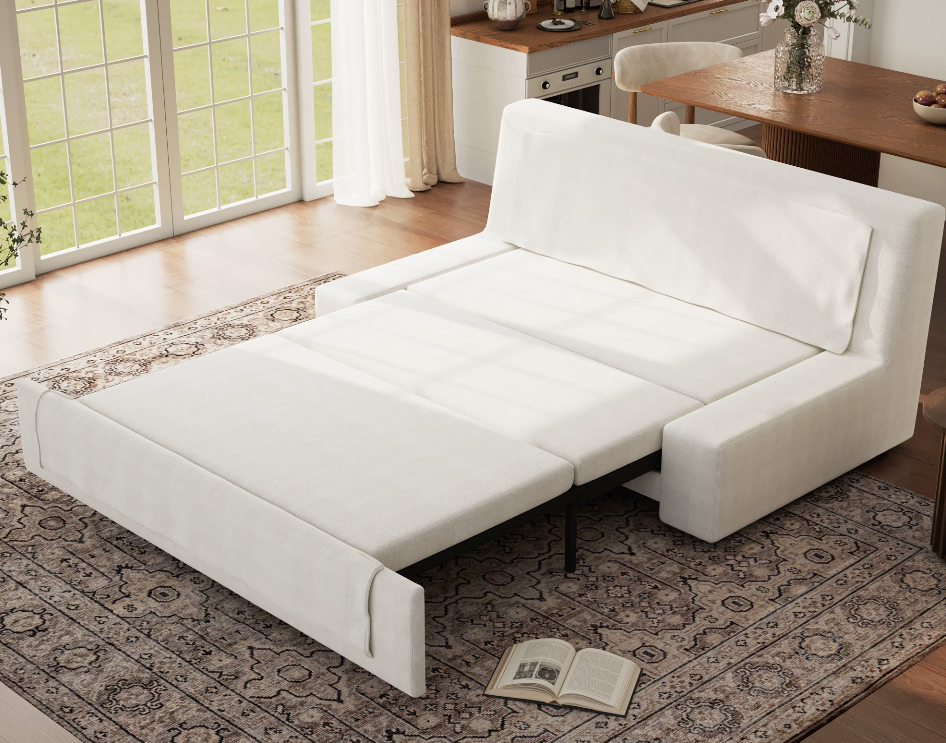 The best sleeper sofa fully opened with the backrest lifted, demonstrating the functional design and hidden storage space.