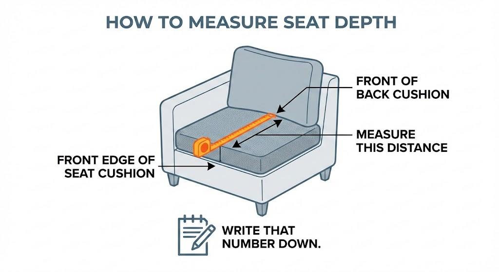 Illustrated guide showing how to measure seat depth on a sofa from front cushion edge to back cushion for choosing the perfect deep sofa fit and comfort.