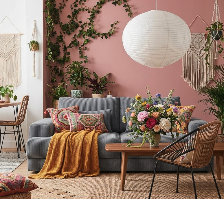 Find out how to style grey sofa boho-style with colorful patterned pillows, mustard knit throw blanket, abundant green plants and ivy on pink walls, macrame hangings, large paper lantern light, and vibrant floral arrangement on wooden table.