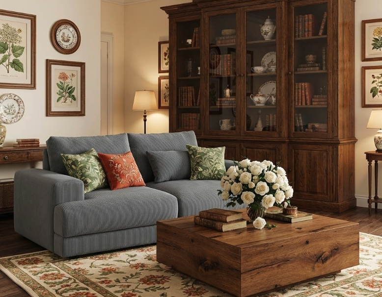 Learn how to style grey sofa in a modern minimalist living room featuring deep burgundy and brown throw pillows, black dome pendant light, travertine coffee tables, mid-century armchairs, and lush green plants for added warmth and texture.