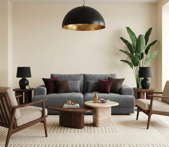 Discover how to style grey sofa in a classic living room with green and orange patterned pillows, large wooden display cabinet filled with books and decor, fresh white roses on oak coffee table, and framed botanical prints on walls.