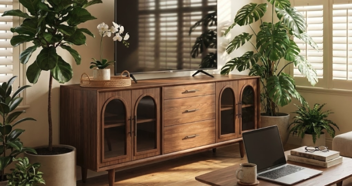 Cozy living room with wooden TV stand at optimal height surrounded by lush plants like fiddle leaf fig and monstera, illustrating the tv stand height guide for eye-level TV viewing comfort.