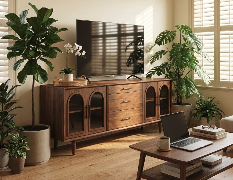 Cozy living room with wooden TV stand at optimal height surrounded by lush plants like fiddle leaf fig and monstera, illustrating the tv stand height guide for eye-level TV viewing comfort.