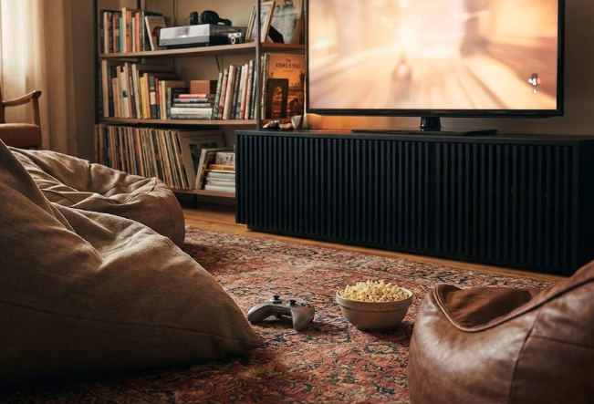 Casual living room with low black TV stand and bean bag seating, demonstrating a lower height option in the tv stand height guide that may require tilting head down for viewing.