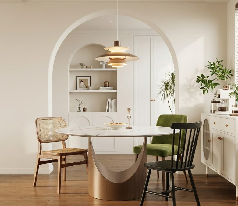 Sophisticated modern dining table with luxurious marble round top and elegant curved bronze pedestal in a neutral-toned room featuring green velvet and black chairs.