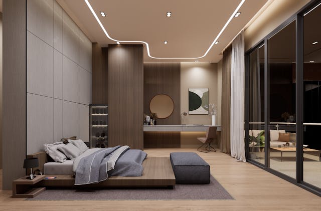 Luxurious minimalist bedroom with platform bed and soft lighting
