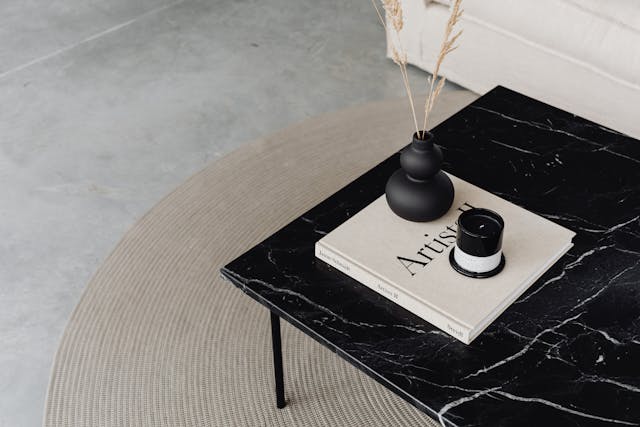 Marble coffee table in minimalist living room