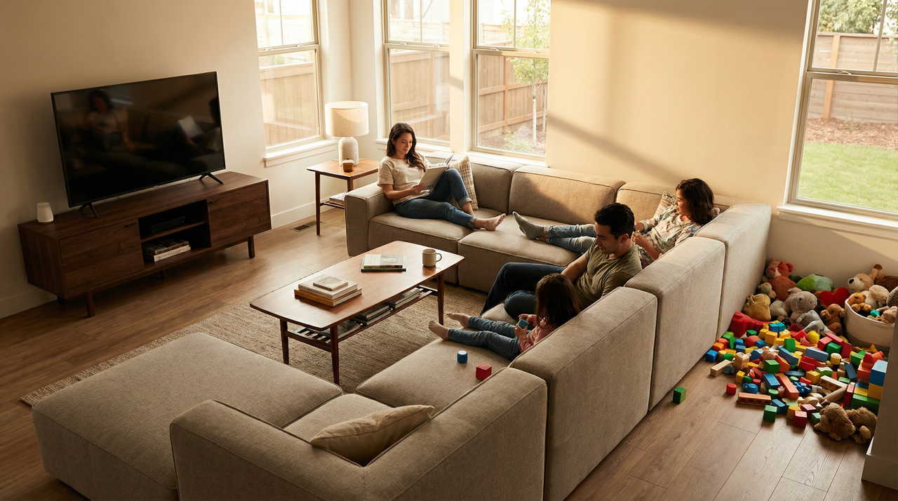 Medium-sized family living room with an L-shaped modular sofa, coffee table, and toys, showing a practical everyday seating layout