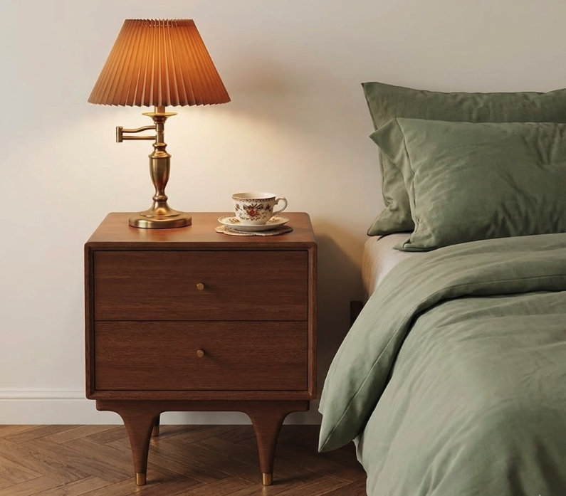 Mid-century modern wooden nightstand with two drawers and brass table lamp beside a sage green bed, illustrating style options and ideal height alignment in a nightstand buying guide for easy bedside access.