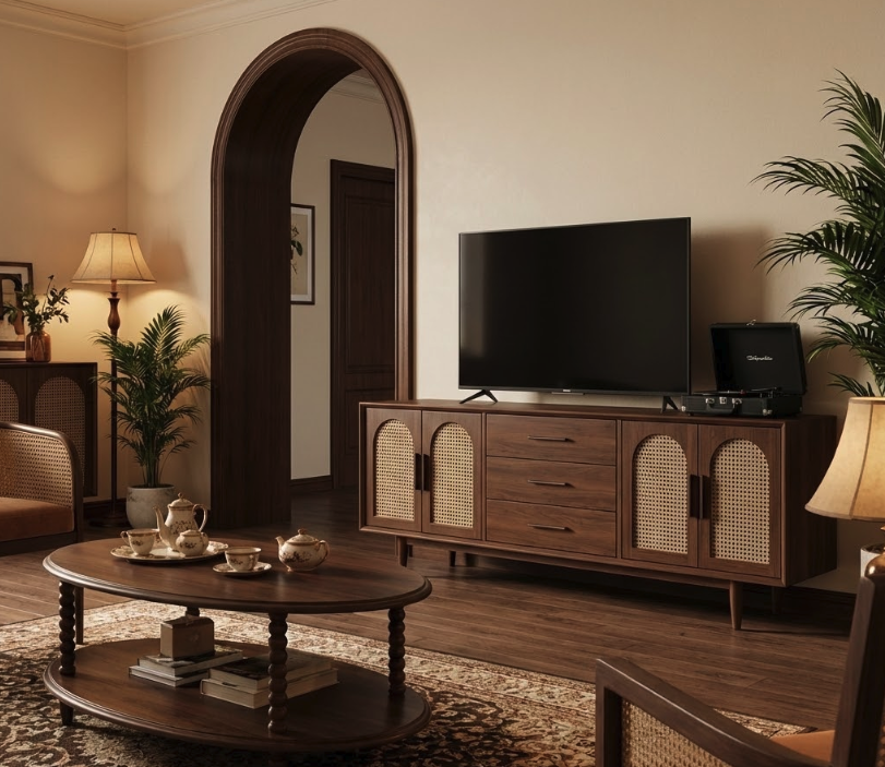 Elegant mid-century wooden TV stand with arched cane doors at standard height, paired with plants and tea set, as per the tv stand height guide for balanced and comfortable TV placement.