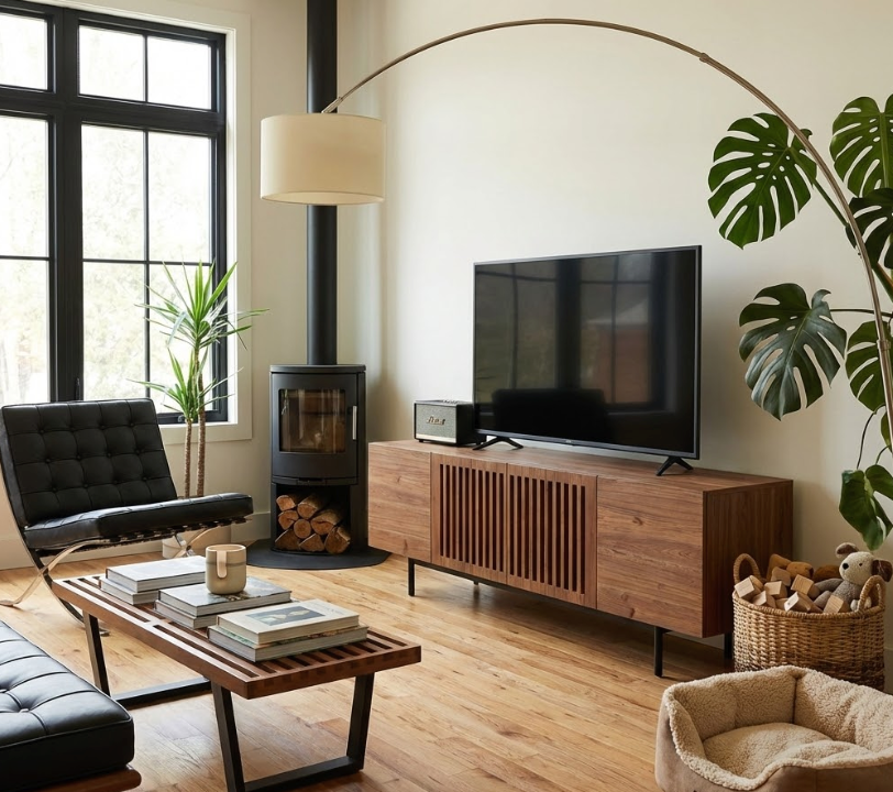 Mid century modern TV stand in busy family living room