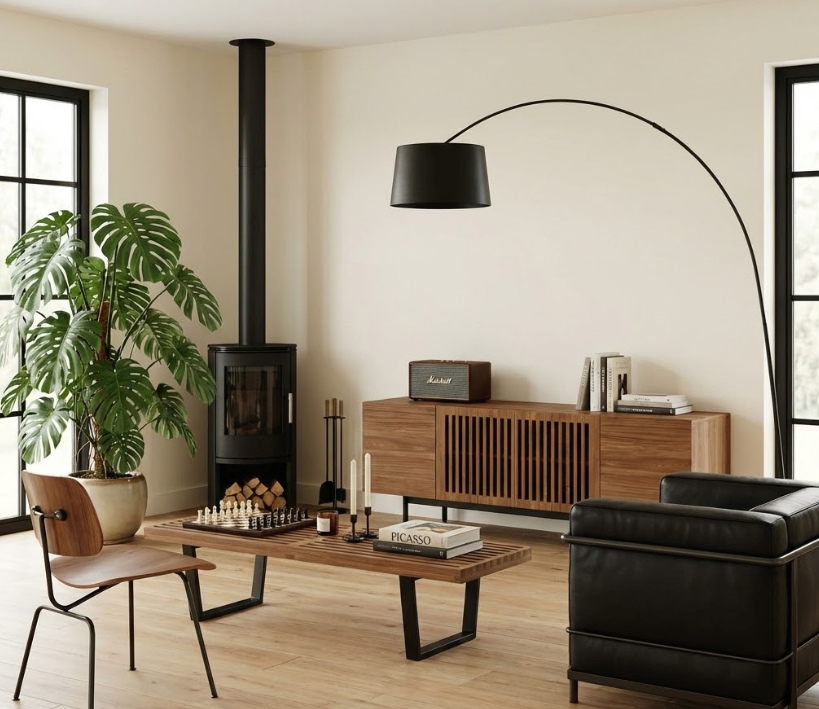 Mid century modern TV stand with tapered legs and walnut wood grain