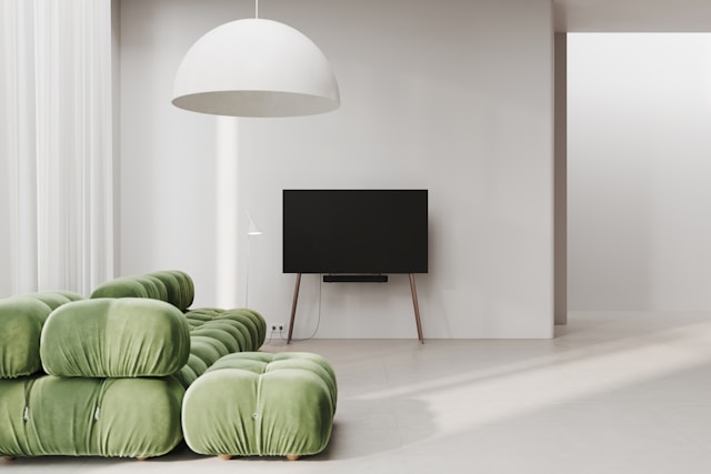 Minimal living room with a green sofa, wooden TV stand and natural light, sustainable home decor