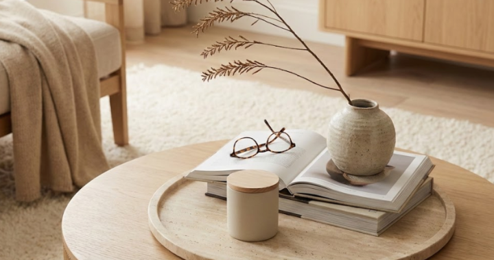 Close-up detail of a round coffee table with storage, elegantly styled with books, a ceramic vase, and glasses on a tray.