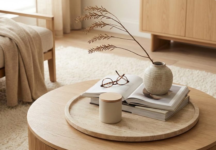 Close-up detail of a round coffee table with storage, elegantly styled with books, a ceramic vase, and glasses on a tray.