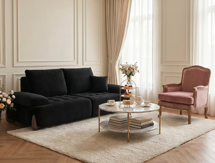 Stylish black tufted sofa paired with a pink armchair and marble coffee table on a shaggy rug, showcasing deeper sofa seat depth for enhanced lounging comfort in this sofa seat depth guide.